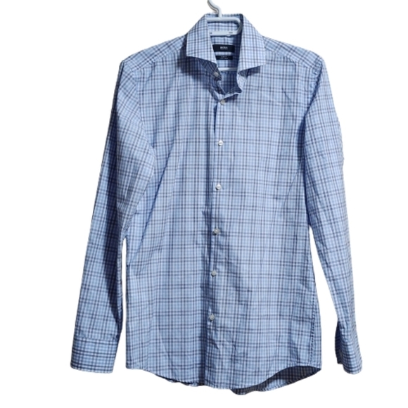 Hugo Boss button-down plaid slim fit shirt color light blue size 38/15 - Picture 1 of 5